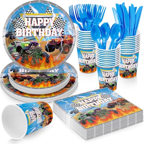 Monster Truck Themed Party Supplies for Kids Birthday Party Racing Truck Supplies Adventure Wheels Birthday Decorations Disposable Tableware Set With Plates Cups Napkins & Cutlery for 20 Guests