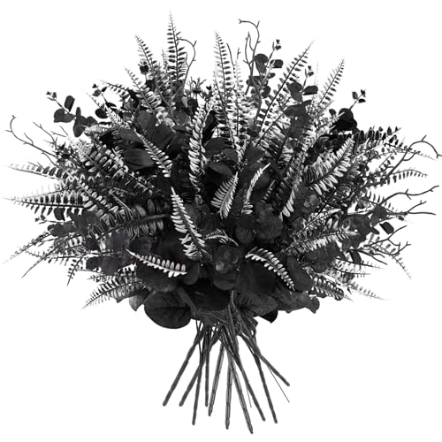 HIAGROW 12 Pcs Black Eucalyptus Stems with Ferns Dead Branches Halloween Flowers DIY Black Silk Artificial Flowers Fake Spooky Branches for Home Halloween Farmhouse Gothic Arrangements Decor