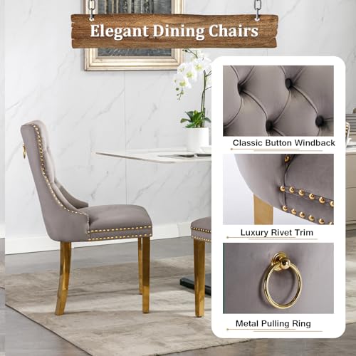 Image of 5-Piece Round Dining Table Set for 4, Modern Faux Marble Kitchen Table and Grey Velvet Chairs Set of 4, Luxury 45 inch Circle White Gold Dining Room Tables with Stainless Steel Base