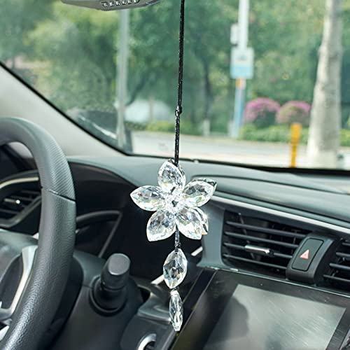 Image of Crystal Flower Rear View Mirror Pendant Car Hanging Ornament Lucky Accessory, Transparent