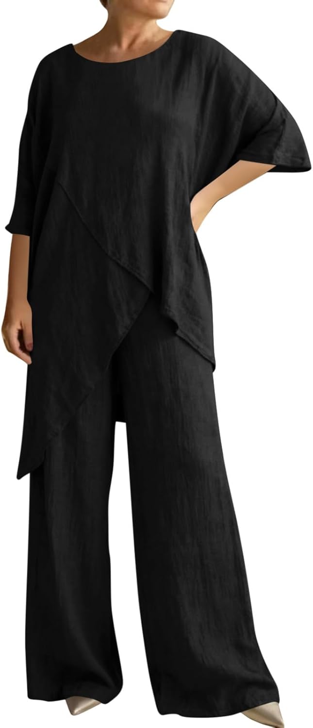 Summer Outfits for Women Trendy Cotton Linen Set High Low Asymmetrical Irregular Hem Half Sleeve Tops Wide Leg Pants