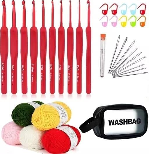 Image of VIRADHAM Crochet Hook Set with Ergonomic Handles, Complete Beginner Crochet Kit with Yarn, Needles, Stitch Markers & Case - Comfortable Crochet Hooks for Arthritic Hands, Perfect Gift for Crochet Lovers (red hook+yarn set)