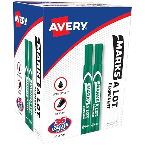 Image of Avery Marks A Lot Permanent Markers, Large Desk-Style Size, Chisel Tip, Value Pack, 36 Green Markers Total, Ideal for Signs, Posters, Labeling, and More (98241)