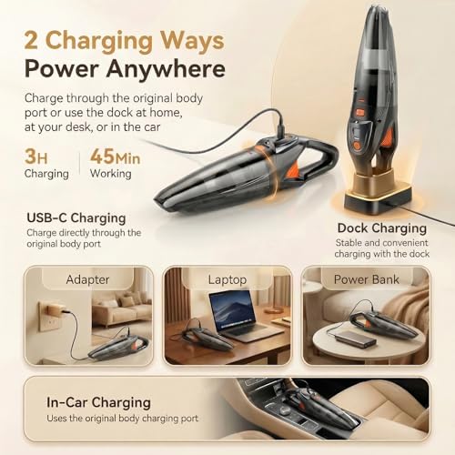 Image of Handheld Vacuum Cordless, 25000Pa Powerful Suction Car Vacuum Portable Cordless with 8000mAh Battery & LED Light, Hand Held Vacuum Rechargeable with HEPA Filters, Home, Car Seats, Pet Hair Orange