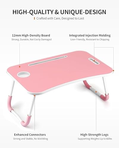 Autumn Multipurpose Foldable Laptop Table with Tablet Groove, Cup Holder Study Table/Bed Table/Breakfast Table, Portable,Ergonomic & Rounded Edges (60L x 40W x 26H cm, Pink)