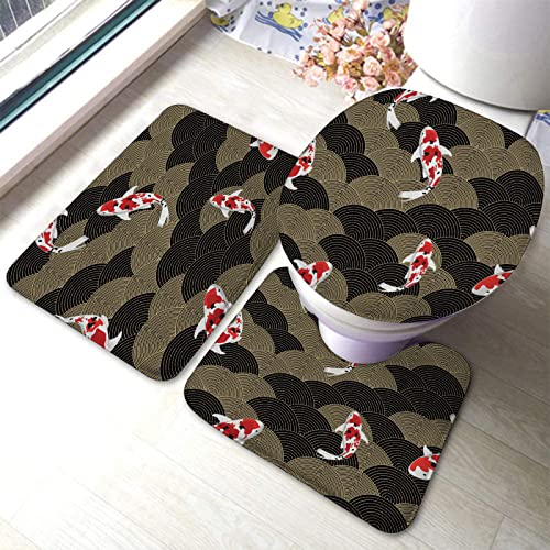 3-teiliges Badezimmerteppich-Set, traditioneller japanischer Fisch auf einem Designmuster-Hintergrund, waschbare Badeteppiche, rutschfest, mit Rückenpolster, Konturteppich und Toilettendeckelbezug