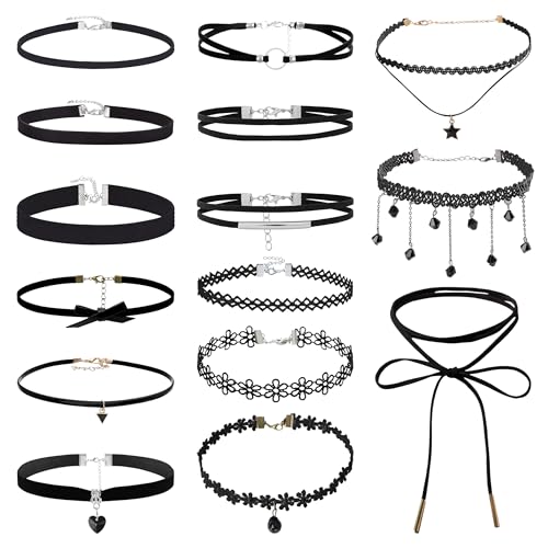 PYSEOSISE Choker Halskette Schwarz, 15 Stück Choker Kette Damen, Verstellbare Samt Choker Halsband Schwarz Velvet Halsband Damen für Täglich Party Halloween Cosplay