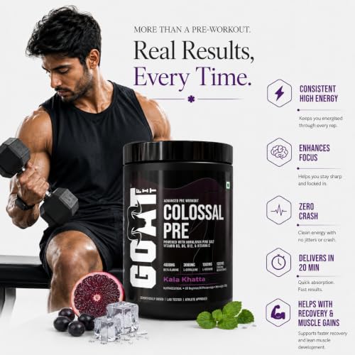 Image of GOAT Fit Colossal Pre | PreWorkout Powder 200mg Caffeine 4g Beta-Alanine 3g Citrulline 1.5g Arginine 1g Creatine with Himalayan Pink Salt (360gm - 30 /60 servings, Kala Khatta)