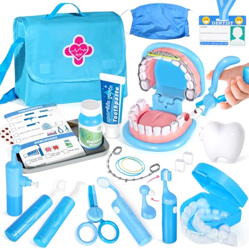 Dentist Playset for Boys with Oversized Pretend Teeth /Removable Teeth /Braces /Retainer & Storage Bag - Kids Doctors Play Set - Teeth Model for Teaching - Role Play Toys for Kids 4-6 (Blue)