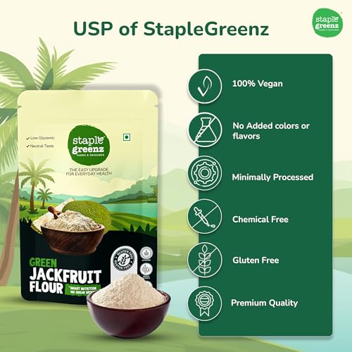 Image of StapleGreenz Jackfruit Flour 250g | Helps Balance Post Meal Sugar Spikes | High Fiber & Antioxidants | Neutral Taste | Add to Regular Flour, Dosa / Idli Batter | Gluten-Free & No Added Preservatives | (Pack of 2)