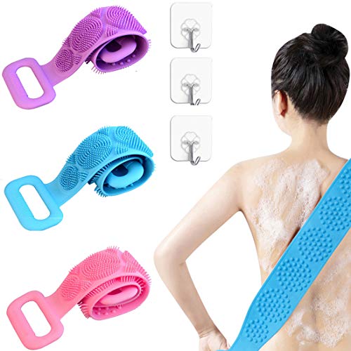 Back Scrubber For Shower, 3pcs Silicone Body Scrubber For Shower Long Handle Bath Towel For Body Exfoliating Back Washer For Deep Clean (A)