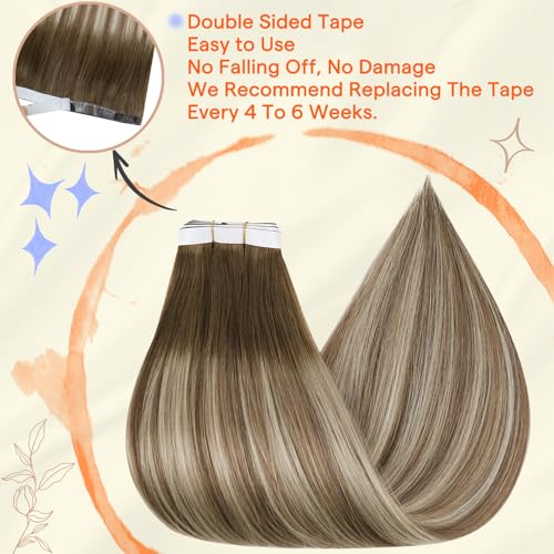 Image of Full Shine Genius Weft Hair Extensions, Ash Brown Beige Blonde 16 Inch | 90g 4 PCS, Invisible Tape Ins Human Hair Extensions, Seamless Construction, Full Shape, Easy Styling, Modern Looks