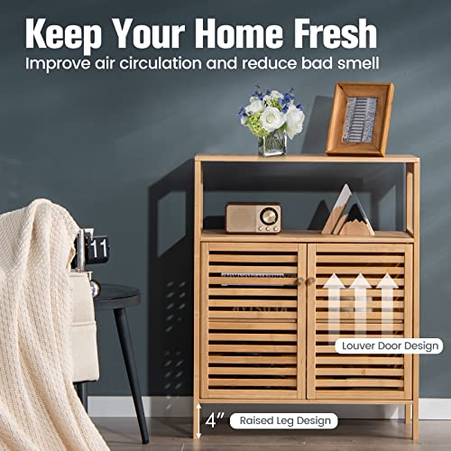 Costway Bathroom Storage Cabinet, Bamboo Storage Organizer With Louver Doors & Removable Shelf, Freestanding Floor Cabinet For Living Room, Kitchen, Entryway, Natural #TOP6
