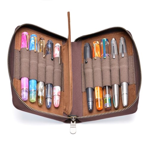 Image of Fountain Pen Leather Pen Case 10 Divided Slots, Rollerball Pen Holder Handmade Display Organizer Zippered Pouch