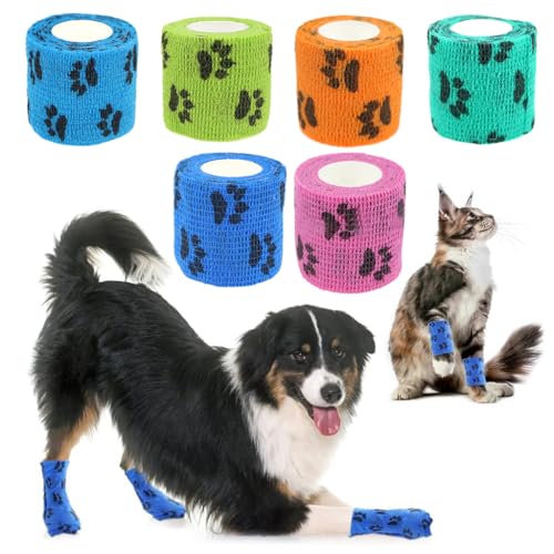 Image of Qpets 6Pcs Dog Bandages for Walk, Self-Adhesive Pet Bandage with Paw Print | 7.5x5.4cm, Waterproof Non-Woven Cat Dog Injury Recovery Wrap Lick-Proof & Breathable