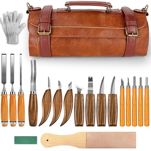 Lot de 20 couteaux de sculpture sur bois pour débutants, avec étui en cuir PU, kit de sculpture sur bois fin pour sculpteurs de bricolage et experts en menuiserie