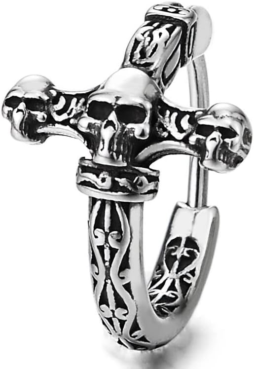 Cross Huggie Hinged Hoop Earrings for Men Womens, Stainless Steel Vintage Skull Tribal Filigree Pattern - Image 3