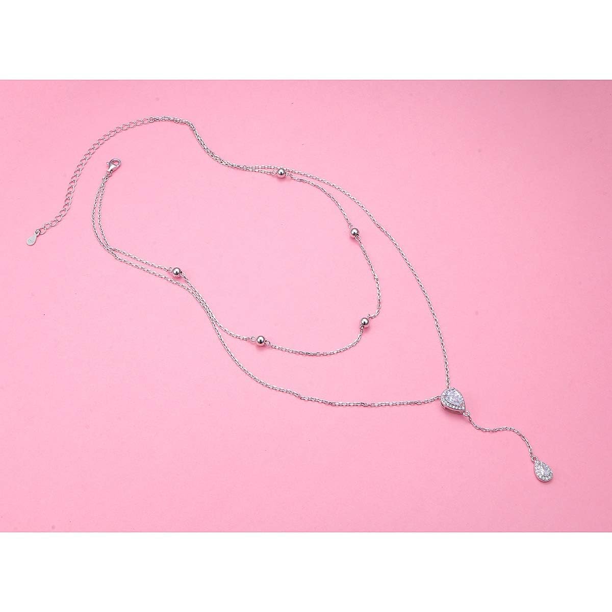 Collana girocollo a strati S925 in argento sterling regolabile multistrato goccia pendente Y Lariat perline collana gioielli regali per donne ragazze, 16+18+3 Zoll, Argento sterling, Zirconia cubica