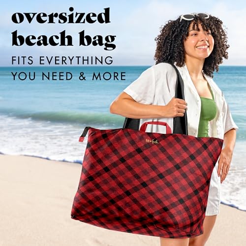 Image of Fit & Fresh XL Beach Tote Bag for Women - XL Travel Tote with Zipper & Pockets, Oversized Canvas Pool Bag, Weekender Carry-On