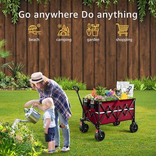Image of ROSONG Collapsible Wagon Cart with Wheels Foldable - Folding Utility Heavy Duty Wagons Carts for Grocery Sports Garden Shopping Camping Wheelbarrows (Burgundy, 150L)