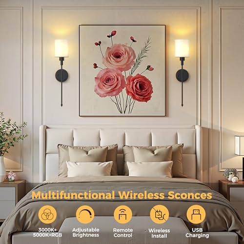 Image of DORESshop Battery Operated Wall Sconce Set of 2, Wireless Wall Light Easy to Install, 10 Color, Sconce Wall Decor Set of 2 for Bedroom, Living Room, Black and Milky White Glass Shade, 24.3in