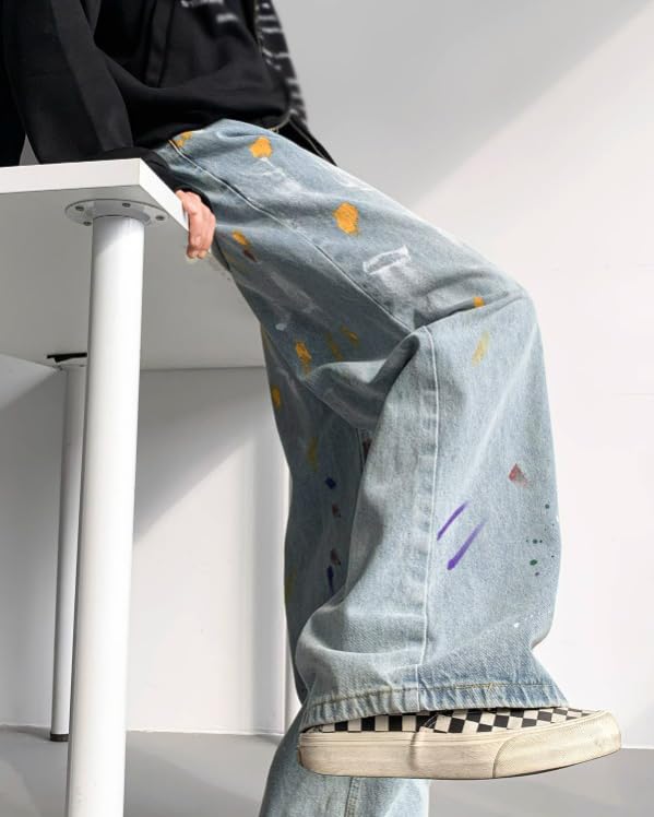 Men's Loose Fit Vintage Tie-Dye Print Trousers Casual Straight Leg Jeans with Pockets3