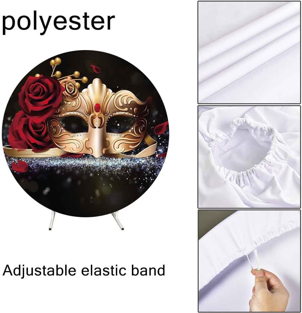 Masquerade Party Decorations Round Backdrop Cover, 7.2x7.2ft Polyester Mardi Gras Ball Backdrop Circle Backdrop, Chic Circular Mysterious Gold Mask Red Rose Photo Booth Prop YMBXTPH240