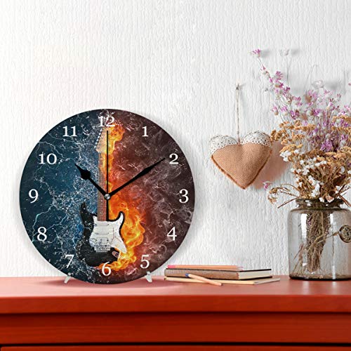 Auuxva Ice Fire Rock Music Guitar Wall Clock Silent Non Ticking Round Clock For Bedroom Living Room Office Home Decor #TOP1