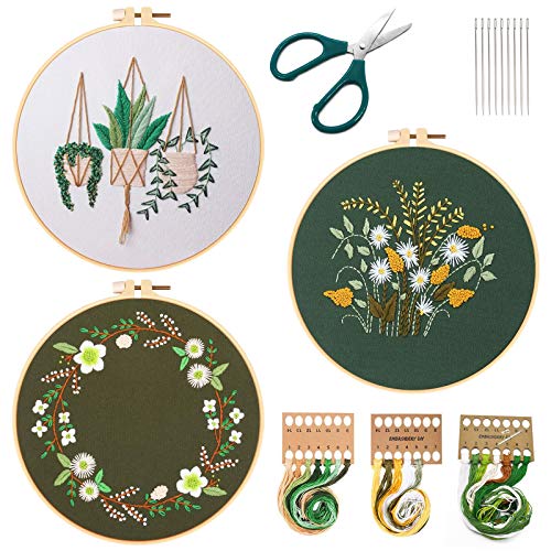 3er Pack Stickrahmen Anfänger Set Stickerei Set Blumenmuster Pflanzen Kreuzstich-Kit Starter Tools Kit mit Stickwerkzeuge Stickrahmen Farbfäden Werkzeugset für Anfänger DIY Handwerk Nähen Kunst