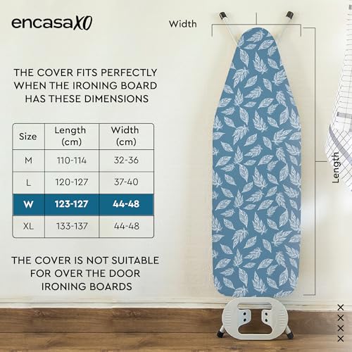 Image of Encasa XO Ironing Board Cover with 3mm Thick Felt Pad for Steam Press (Fits Standard Wide Boards of 125x46 cm) Heat Reflective, Scorch & Stain Resistant, Printed - Big Leaves Blue