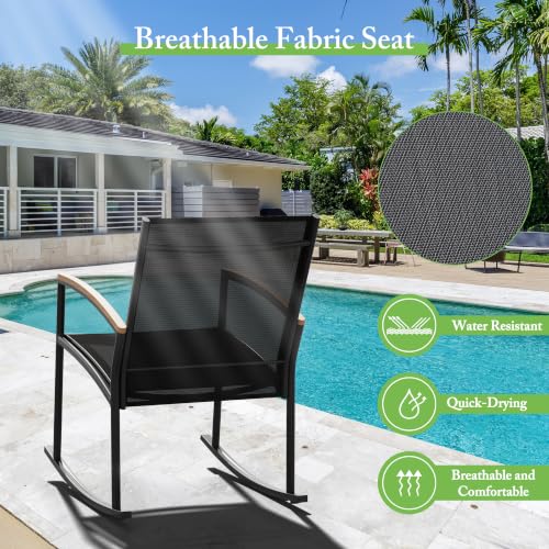Image of Shintenchi 3 Pieces Patio Rocking Bistro Sets,Outdoor Textilene Fabric Conversation Bistro Set,Front Porch Rocker Chairs Small Patio Furniture Set with Table for Lawn,Garden,Balcony(Black)