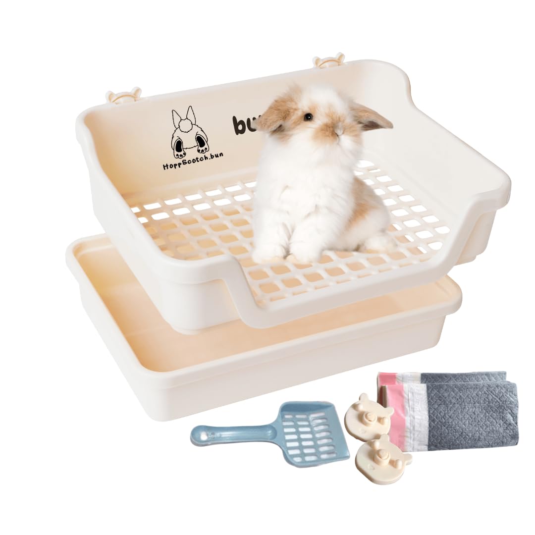 HoppScotch.bun Bumbox Large Rabbit Litter Box, 15.75" Training Cage with Plastic Grid for Small Animals, Indoor/Outdoor, Cream
