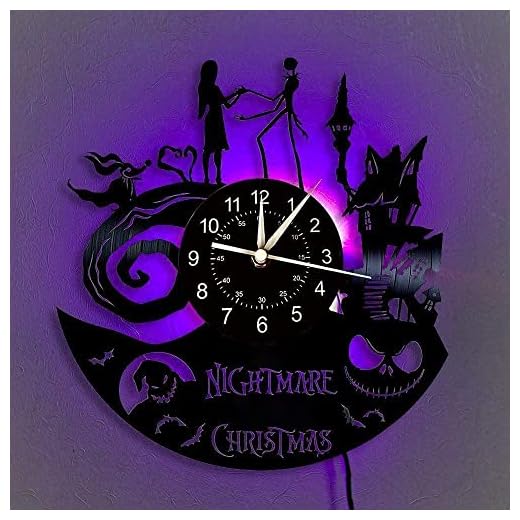 Christmas Nightmare Vinyl Record Wall Clock, 12 inches Home Decoration with LED 7 Color Unique Gift, Living Room Kitchen Halloween Lights Decoration