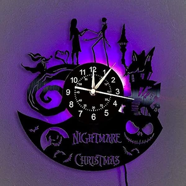 The Nightmare Before Christmas Vinyl Record Wall Clock 12 Inch Home Wall Decor with 7 Colors LED Lighting Unique Gift - Living Room Kitchen Halloween Lights Decoration