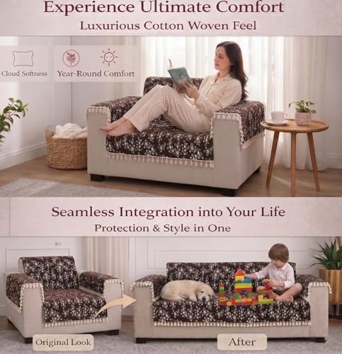 Image of STITCHNEST Woven Fabric Sofa Cover 2 Seater with 2 Hand Rest Covers - Washable Brown Sofa Cover with Tassels - Durable Premium Fabric - Stylish Sofa Protector for Living Room & Furniture Decor