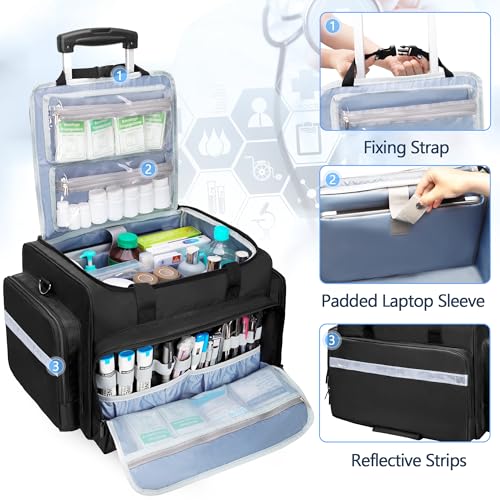 Image of Damero Rolling Medical Bag with Detachable Trolley, Empty Emergency Response Supplies Bag with Removable Dividers, Medical Equipment Storage Bag for Home Health Nurses, Doctors, EMT, EMS, Black