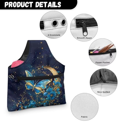 Image of ZUXONGSYBlue Moon Yarn Bags for Knitting Butterfly Yarn Tote Bag for Women Floral Portable Knitting Project HanbBag for Crochet Hooks