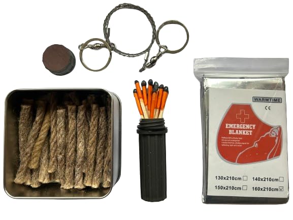 eGreen Fire Starter Weather Proof Matches Ferro Rod Striker Emergency Blanket Saw Wire Multiple Purpose Tool Wax Ropes Waist Bag for Hiking Camping Bushcraft (Matches + 20 Ropes + Saw + Blanket)