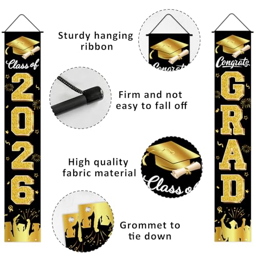 Image of Graduation Decorations 2026 Porch Banner, Black and Gold Graduation Banner Class of 2026, Congrats Grad Decorations for Door and Porch Party Supplies