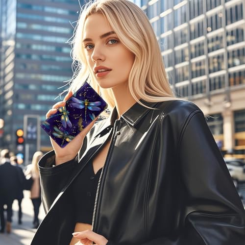 Womens Wallet,RFID Blocking Credit Card Slim Thin Holder,Long Bifold PU Leather Card Organizer,Cash Clutch Billfold Pocket Ladies Minimalist Travel Wallets,Dragonfly Fantasy Art2