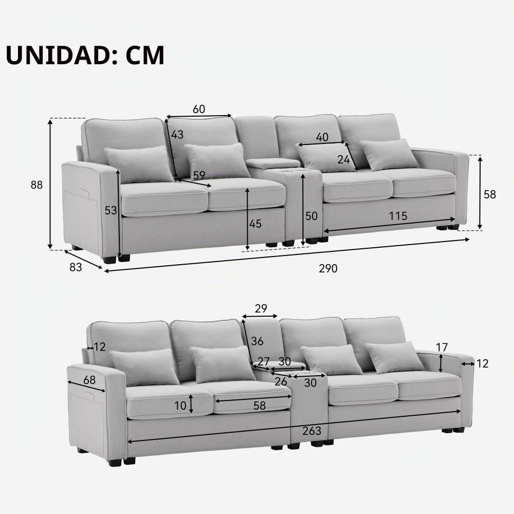 Sofá moderno de 4 plazas con bolsillos para reposabrazos y 4 cojines, con consola, 2 portavasos y 2 tomas USB, en lino, adecuado para muchas ocasiones (Gris+USB)