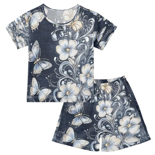 Short Sleeve Pajamas Sets Summer Cotton Sleepwear Denim Background Ornate Floral