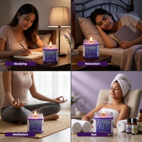 Image of Scented Candle (142g) | Lavender Blossoms Glass Jar Scented Candles with Wooden Wick | Long Lasting Aromatic Fragrance for Home Decor