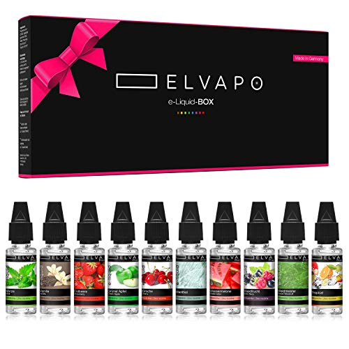 10 x 10ml Elvapo Premium E-LIQUID-BOX | 100ml Liquids Starter Set für E-Zigaretten| Wassermelone, Vanille, Minze, Grüner Apfel, Menthol, Erdbeere, Kirsche, Tropical, Waldfrucht, Waldmeister | 0mg Cover