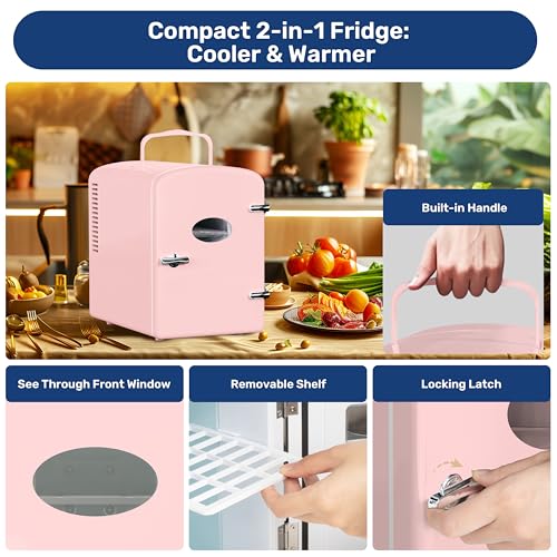 Image of HealSmart Mini Fridge Portable 6 Liter /9 Can with Observation Window, Cooler&Warmer Small Desk Compact Refrigerator for Skin Care, Cosmetics, Beverage, Food in Bedroom, Car, Office, Dorm, Pink