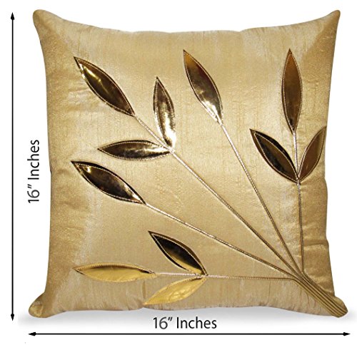 Image of Golden Floral Cushion Covers, 16x16 Inch, Cream Beige, Set of 5 (Beige)