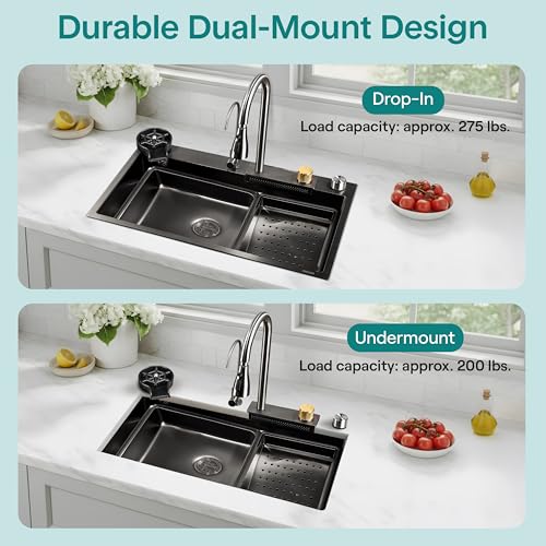 SereneLife Stainless Steel Kitchen Sink Black, Modern and Highly Durable Kitchen Sinks Includes Water Purifier Tap, Drain Rack, Cutting Board, Cup Washer & Basin Spray