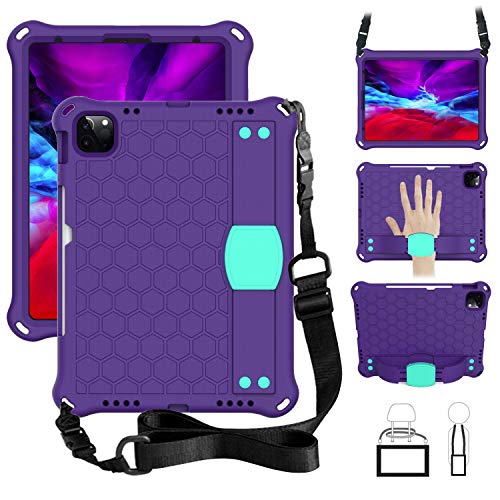 TABPOW Kids Case for iPad Pro 11 2020 2018, Kidsproof Tablet Cover with Shoulder Strap and Stand, Hand Grip - Purple Teal