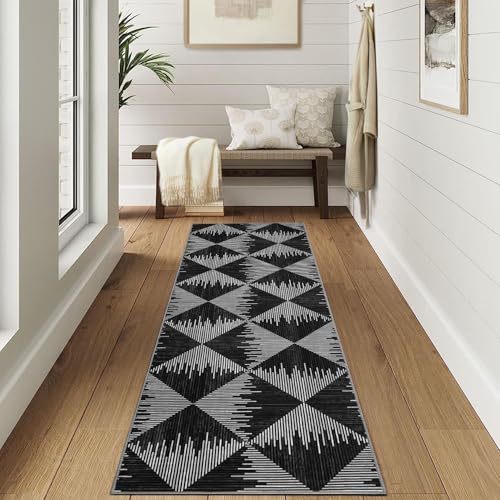 YAHILL Kitchen Runner Rugs 2x6 Washable Long Rugs for Entryway Hallway Non Slid Bathroom Carpet Mat Low Pile Soft Bedside Carpets Modern Striped Area Rug for Laundry Room Dorm Farmhouse Black