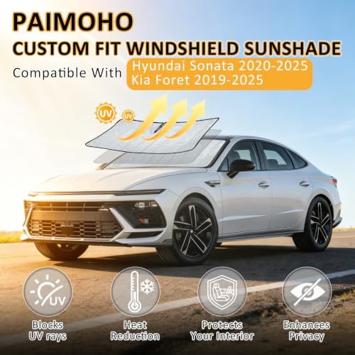 Image of Sun Shade for Hyundai Sonata 2020-2025, Custom Fit Forte 2019-2025 | Thickened Accordion Car Front Window Sunshade - Foldable Aluminum UV Protection Windshield Sun Visor Shield with Storage Bag